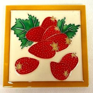 Strawberry glazed ceramic trivet/ wall tile with built in stand for display